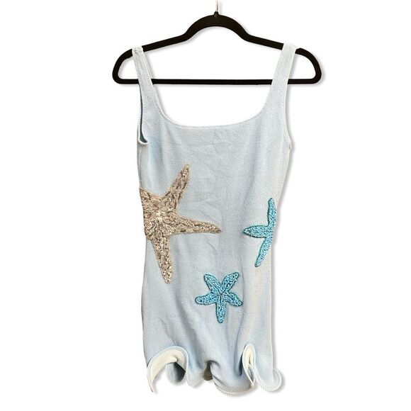 Leslie Amon Starfish Dress Blue beaded stretch mini resort Revolve NWT M - Picture 3 of 12